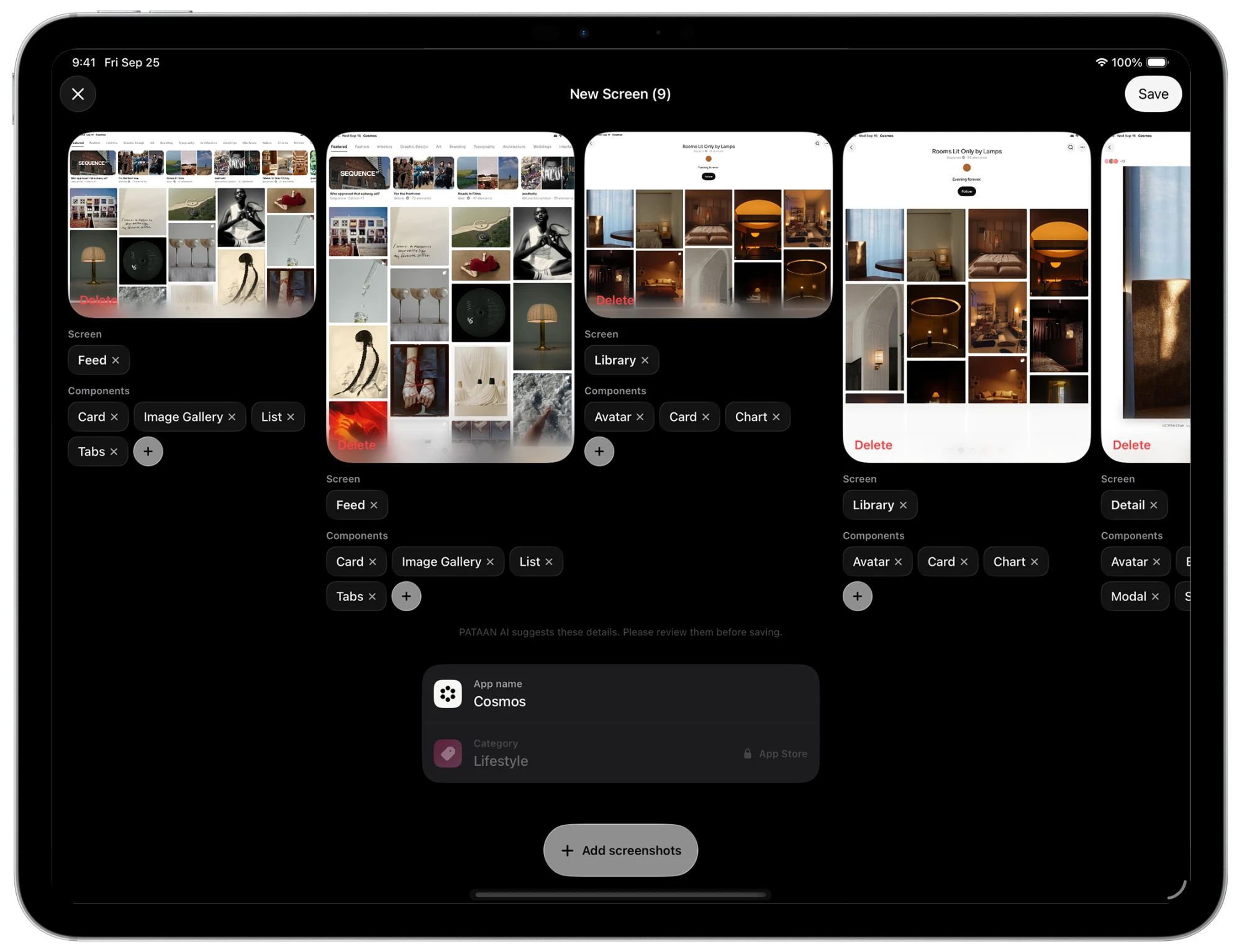 Adding 9 new screens in PATAAN on iPad, with PATAAN AI suggesting each one's screen type and components