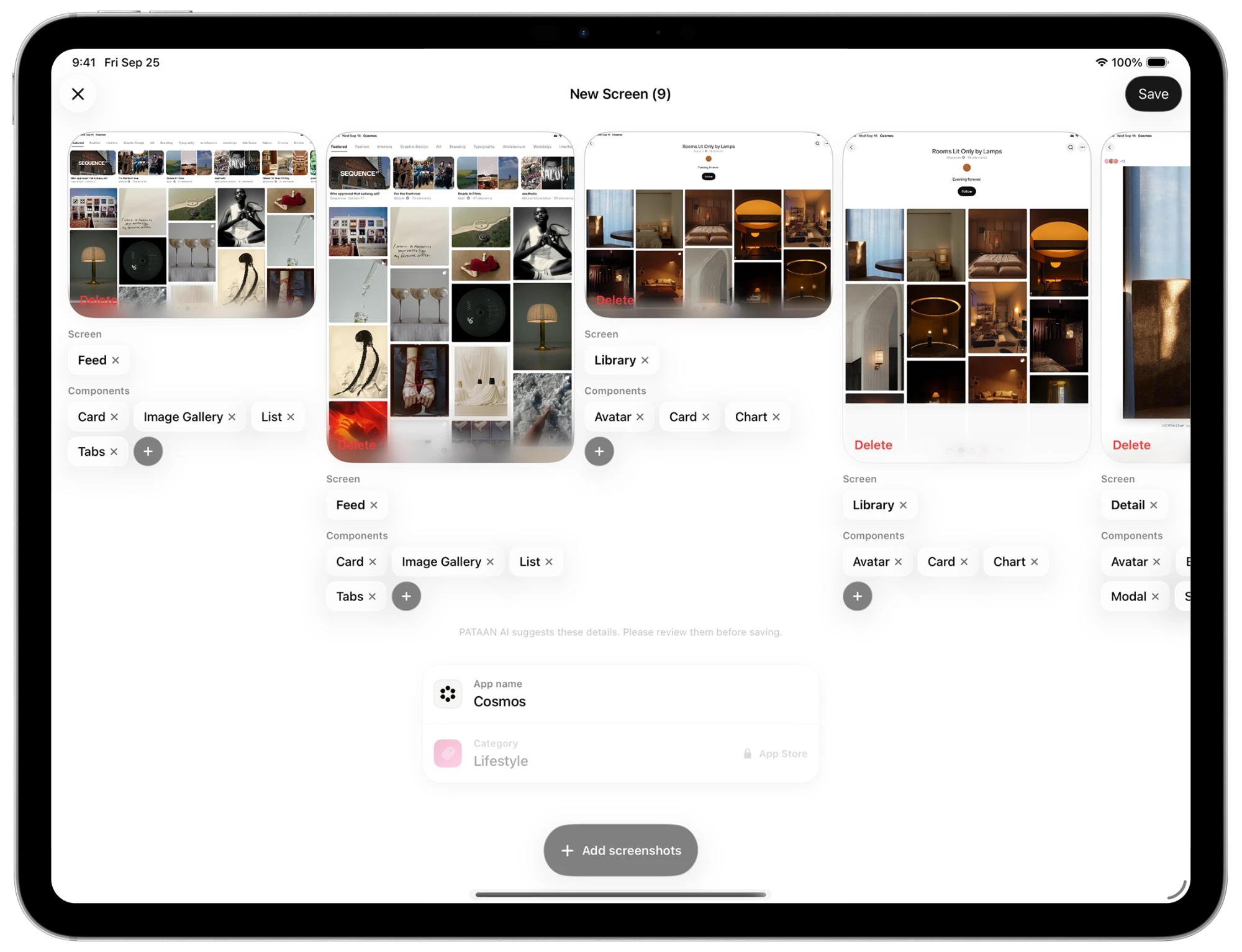 Adding 9 new screens in PATAAN on iPad, with PATAAN AI suggesting each one's screen type and components