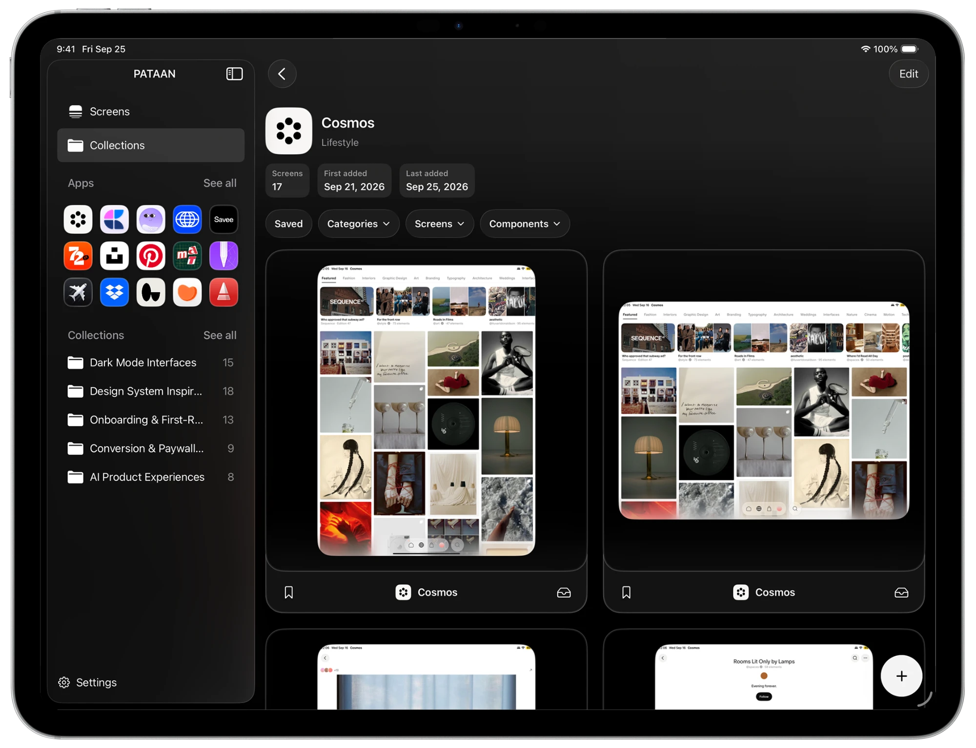 An app page in PATAAN on iPad, showing every screen saved from Cosmos