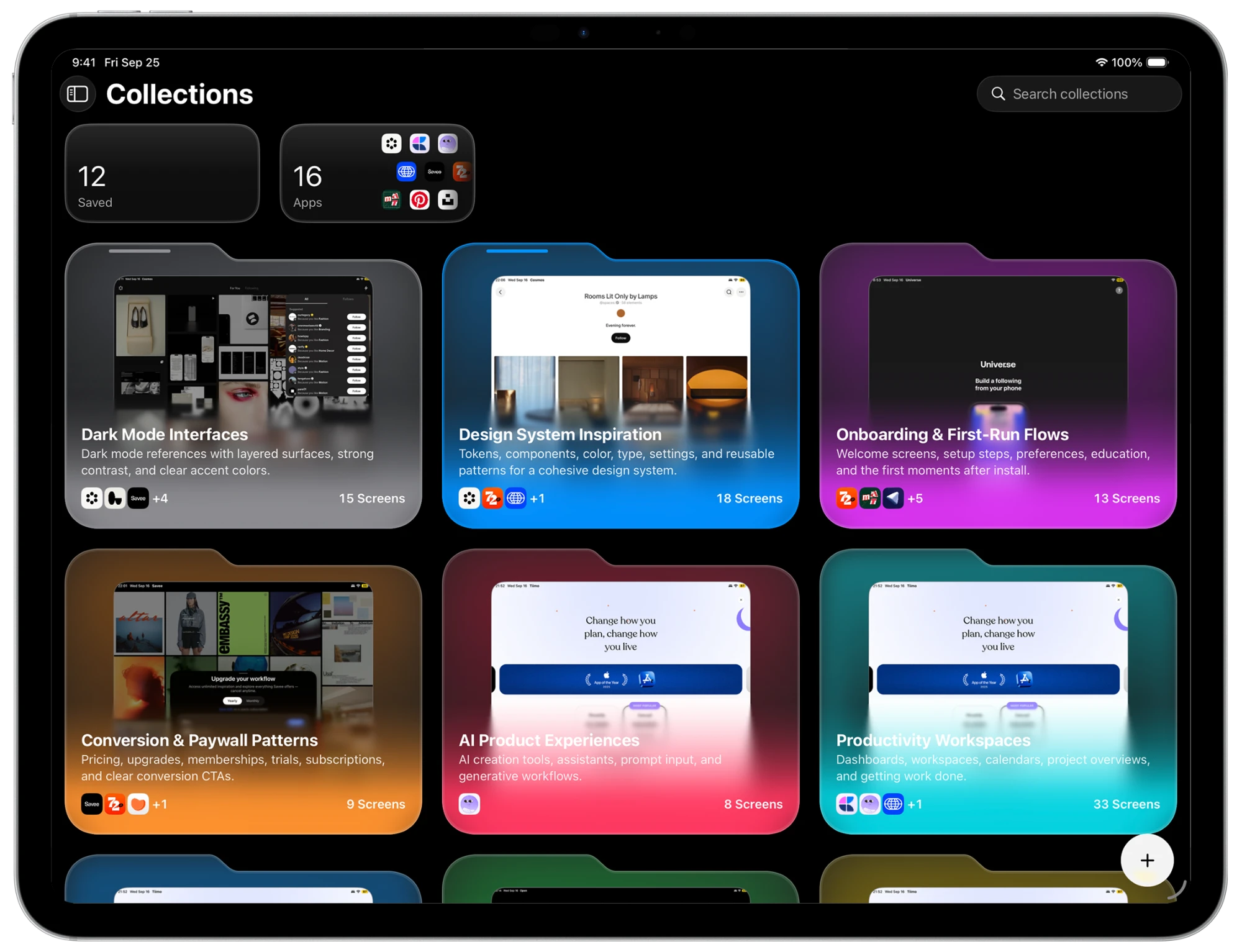 Collections in PATAAN on iPad, each with its own glow color