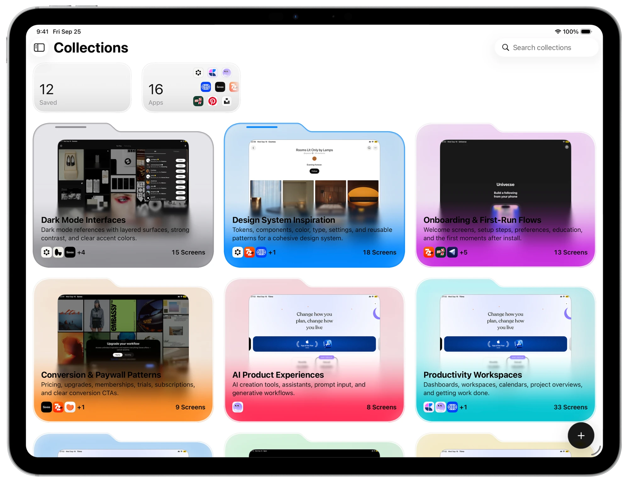 Collections in PATAAN on iPad, each with its own glow color