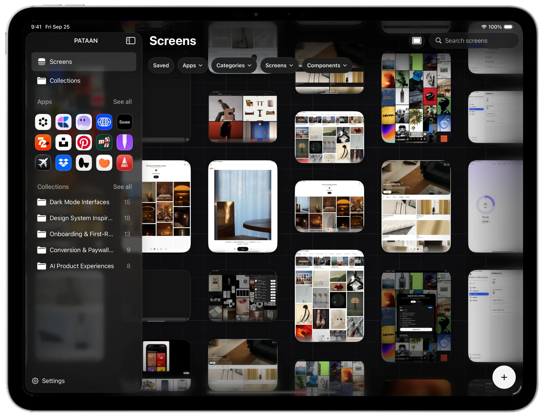 PATAAN on iPad, with the sidebar of apps and collections beside the Screens library