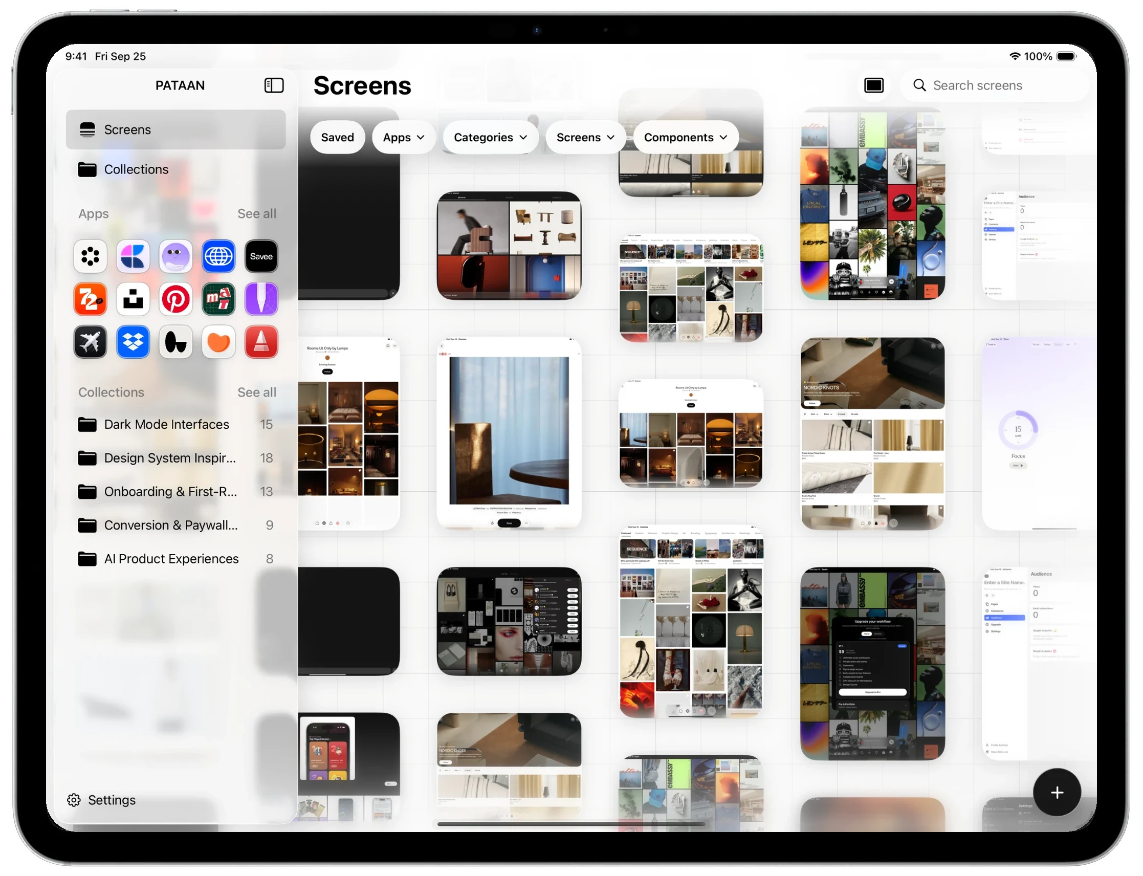 PATAAN on iPad, with the sidebar of apps and collections beside the Screens library