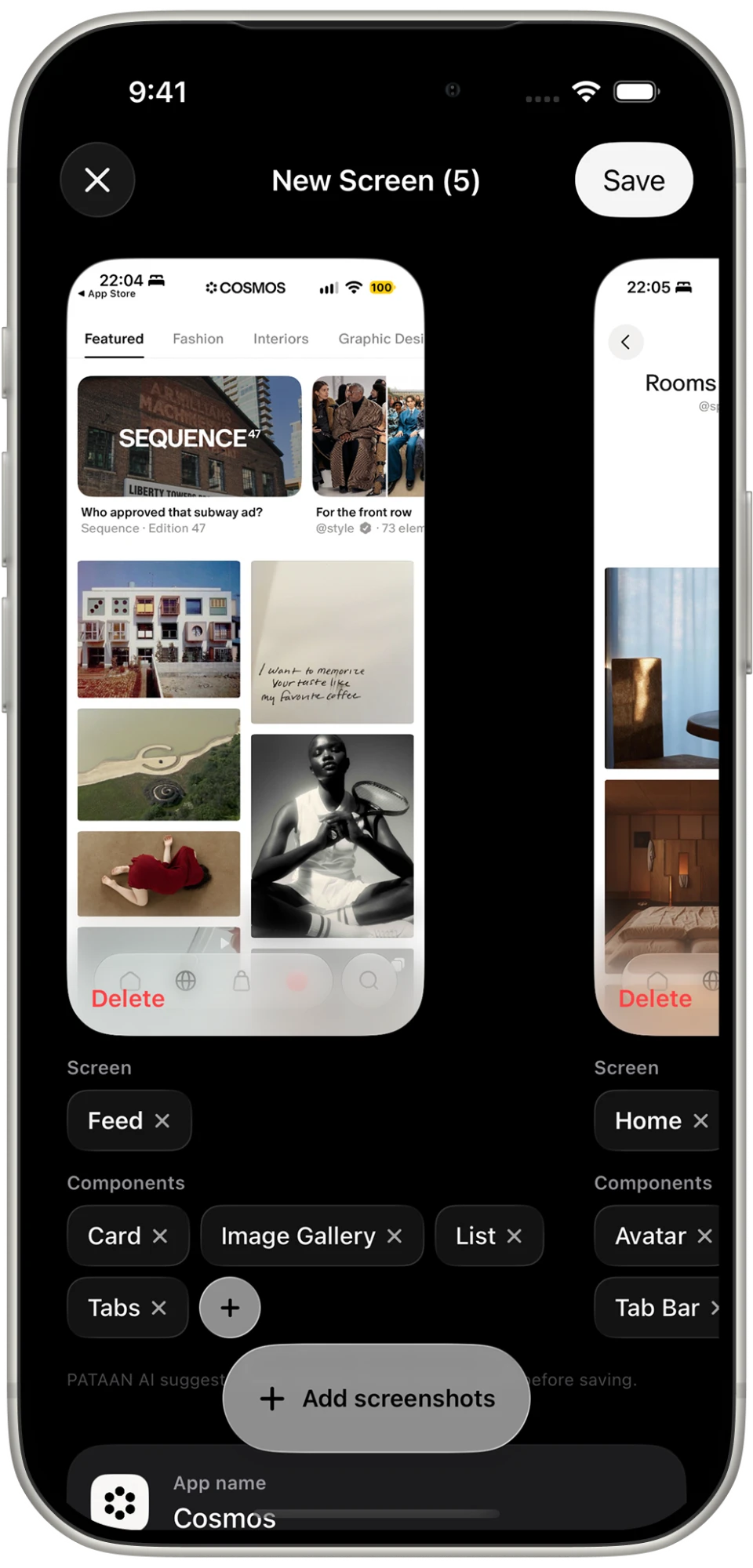 Adding new screens in PATAAN, with PATAAN AI suggesting each one's screen type and components