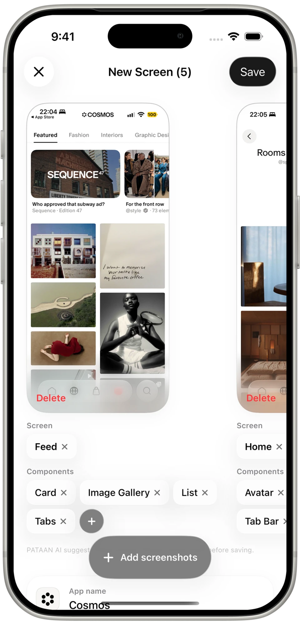 Adding new screens in PATAAN, with PATAAN AI suggesting each one's screen type and components