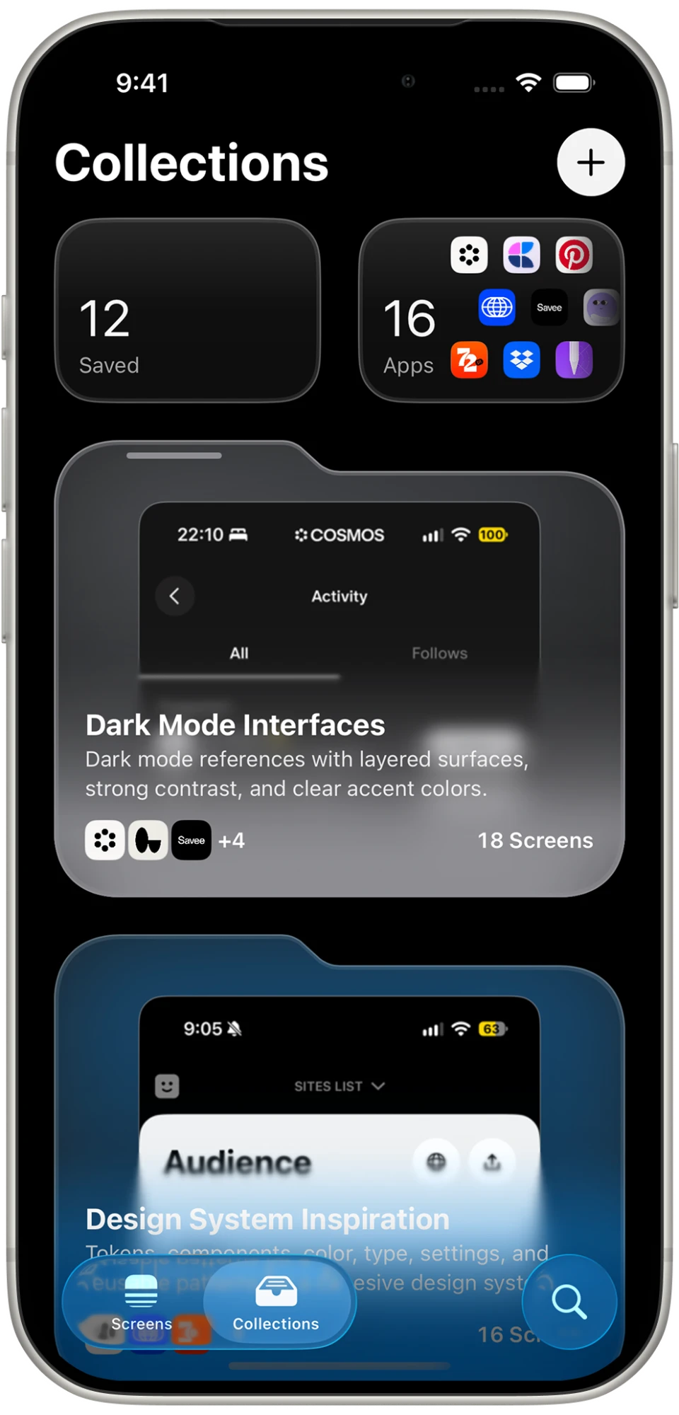 Collections in PATAAN on iPhone, with saved screens, apps and color-glow collections