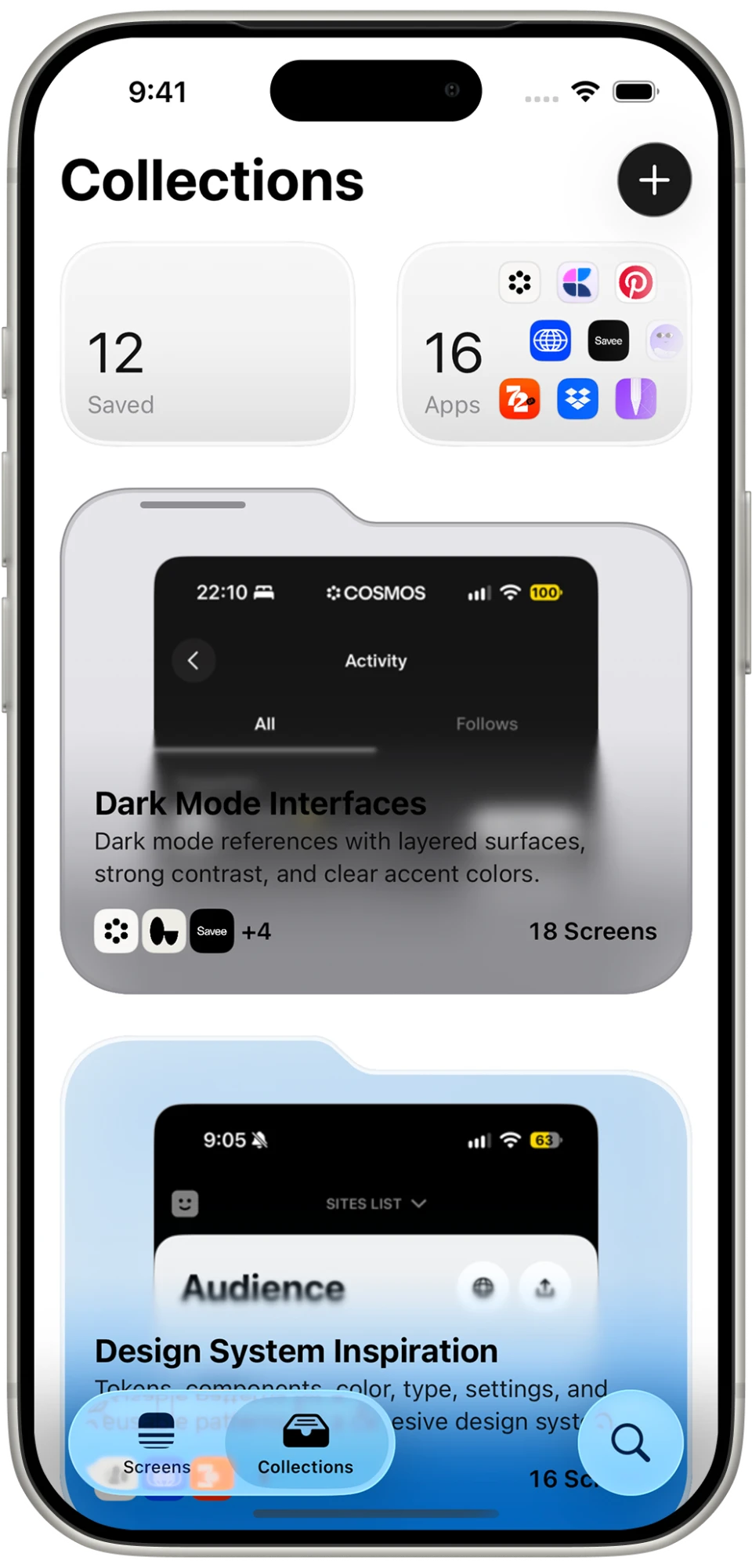Collections in PATAAN on iPhone, with saved screens, apps and color-glow collections
