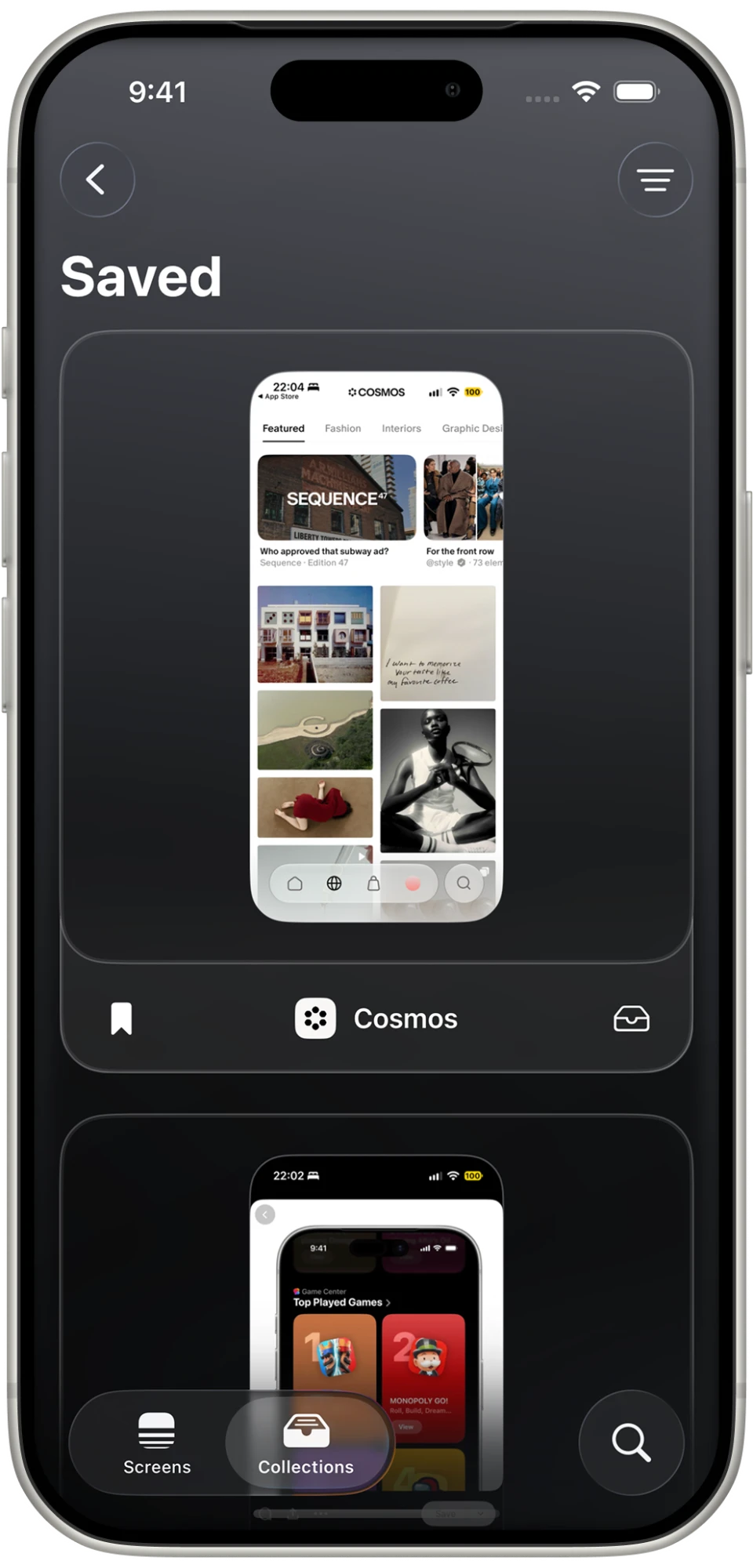The Saved screens list in PATAAN on iPhone