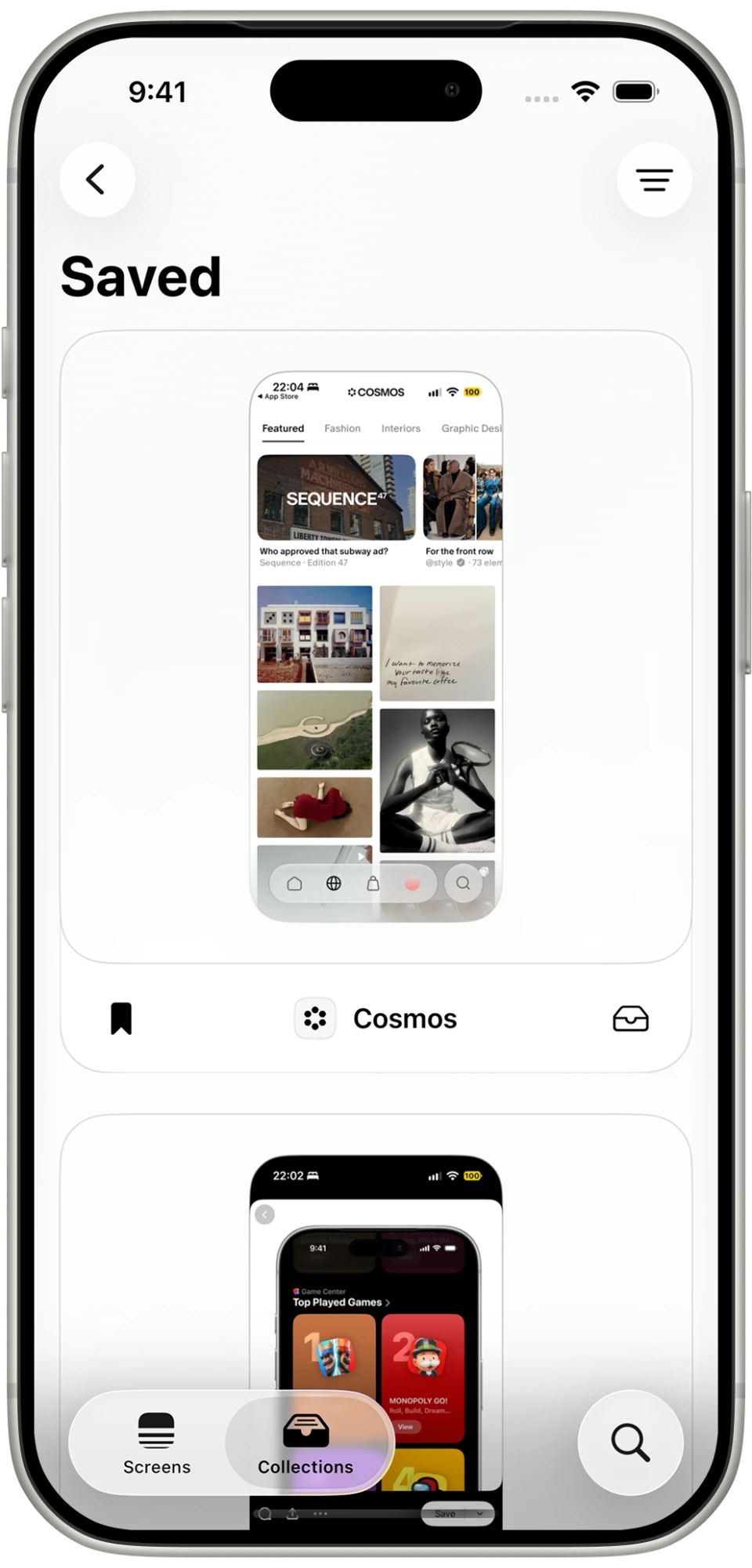 The Saved screens list in PATAAN on iPhone