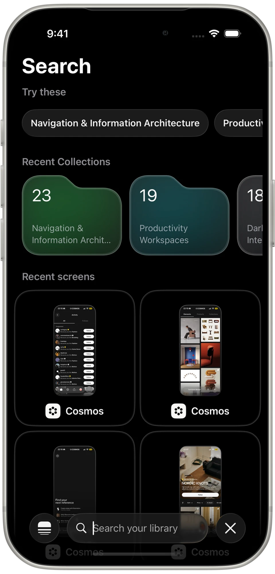 Search in PATAAN, with suggested searches, recent collections and recent screens