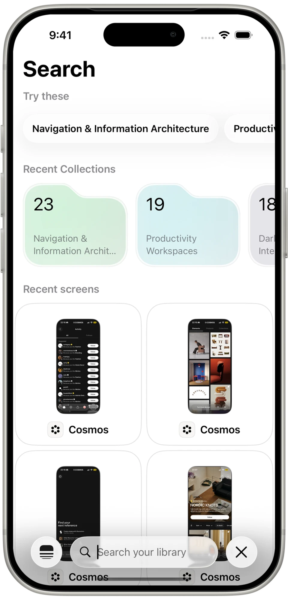 Search in PATAAN, with suggested searches, recent collections and recent screens