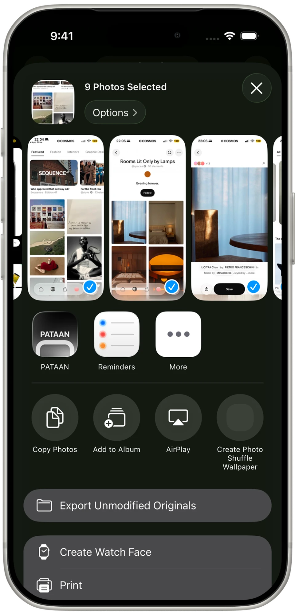 The iPhone share sheet with 9 photos selected and PATAAN as a share option